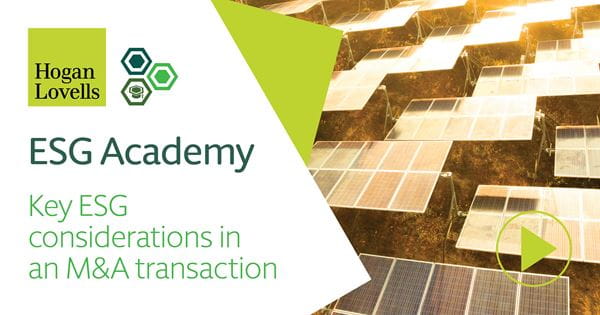 Clickable video player image showing solar panels and text: Key ESG Considerations in an M&A transaction