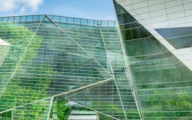 A reflective modern building with greenery and sunny skies all around