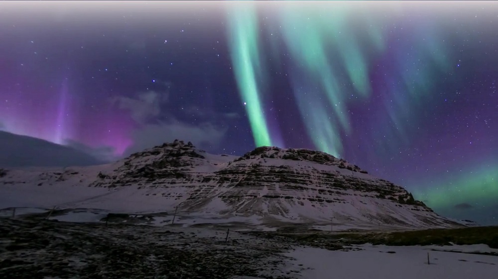 Hogan Lovells Insurance Horizons 2024-2025: An aurora borealis display features green, purple, and blue hues illuminating the winter night sky